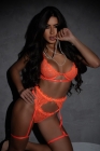 CONJUNTO NEON EM RENDA COM CINTA LIGA E DETALHES EM STRASS LARANJA P,M,G,GG(PLUS SIZE) Ref.: 2855