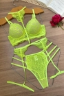 CONJUNTO VERDE NEON EM RENDA COLERINHA E CALCINHA DE COS ALTO COM TIRAS TAM. G Ref.: 2856